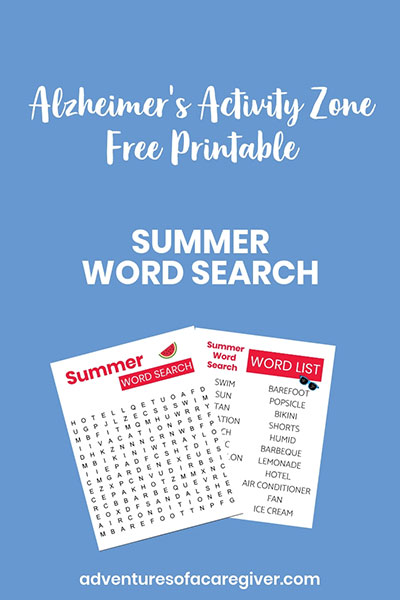 Easy word search created with seniors in mind. Summer theme. Dementia - Alzheimer's Activity. Free Printable.