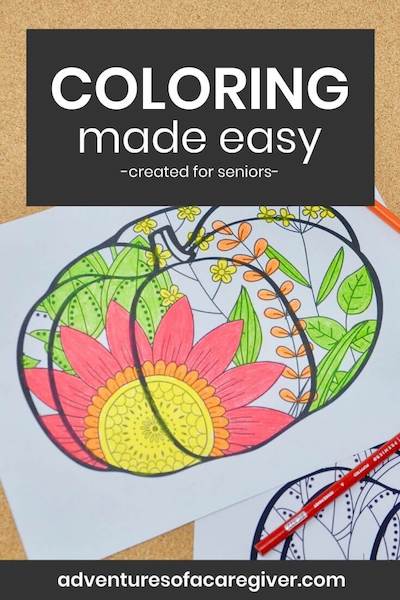 Simplified zentangle pumpkin coloring page for seniors living with dementia.